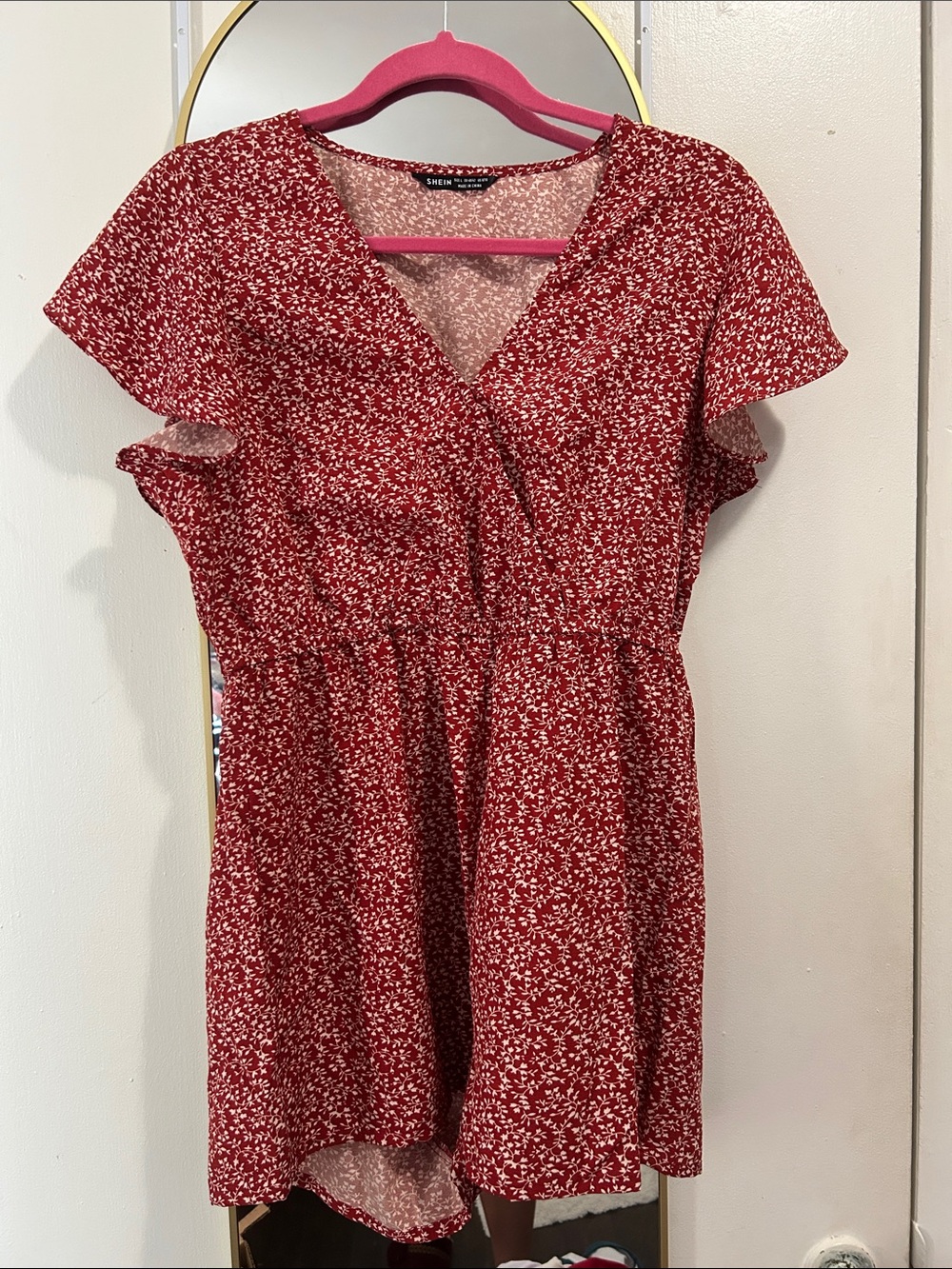 SHEIN Red Ditsy Floral Wrap-Front Romper